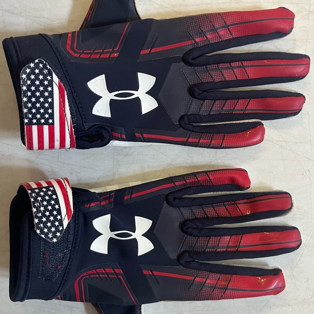 Under Armour Youth Medium Football gloves.  Red, white, and blue
